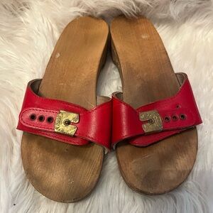 Dr Scholls Red Leather Sandals Sz 7 Womens Wood Slip On Shoes Vtg 70s 80s Italy